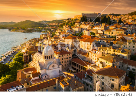 Beautiful old city of Sibenik, aerial view of the town center at sunset. Croatia. Beautiful old city of Sibenik, aerial view of the town center at sunset. Croatia. 78632542