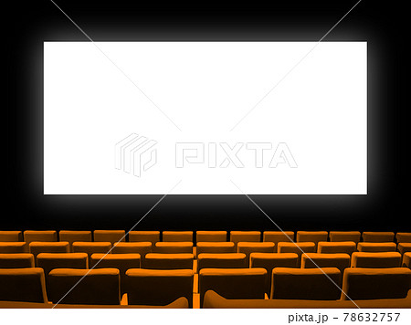 Cinema movie theatre with orange seats and a blank white screen Cinema movie theatre with orange seats and a blank white screen 78632757