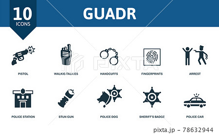 Guard icon set. Contains editable icons police theme such as pistol, handcuffs, arrest and more. 78632944