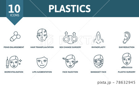 Plastics icon set. Contains editable icons plastic surgery theme such as penis enlargement, sex change surgery, ear reduction and more. 78632945