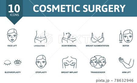 Cosmetic Surgery icon set. Contains editable icons plastic surgery theme such as face lift, scar removal, botox and more. 78632946