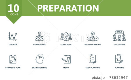 Preparation icon set. Contains editable icons planing theme such as diagram, colleague, discussion and more. 78632947