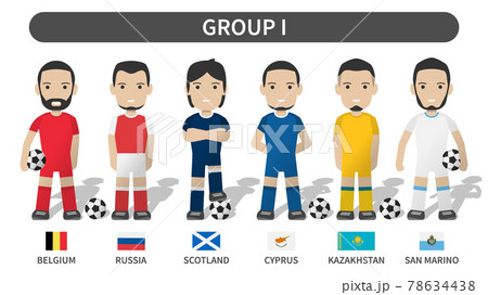 European soccer cup tournament qualifying draws 2020 and 2021 . Group I . Football player with jersey kit uniform and national flag . Cartoon character flat design . White theme background . Vector . European soccer cup tournament qualifying draws 2020 and 2021 . Group I . Football player with jersey kit uniform and national flag . Cartoon character flat design . White theme background . Vector . 78634438