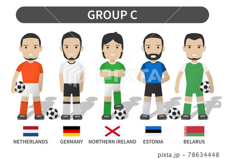 European soccer cup tournament qualifying draws 2020 and 2021 . Group C . Football player with jersey kit uniform and national flag . Cartoon character flat design . White theme background . Vector . 78634448