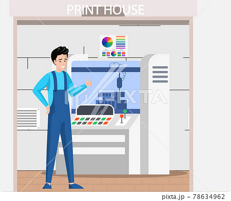 Employee working with equipment shows like gesture. Worker of printshop or typography with thumbs up 78634962