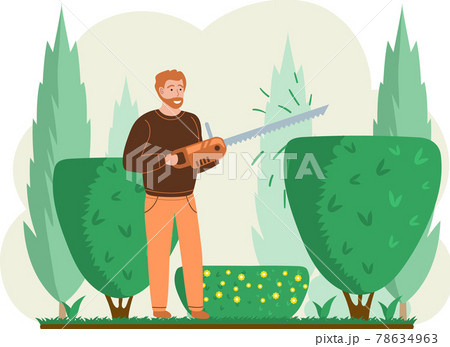 Man trimming plant with trimmer. Professional garden worker working with bush or tree in backyard 78634963