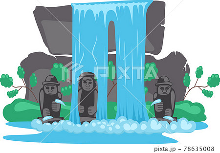 Rock, stone sculptures and tropical waterfall. Simple icon of water falling down from mountain 78635008