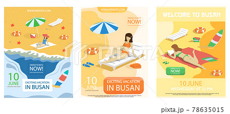 Exciting vacation in city Busan tourist travel posters set with people sunbathe lie on sand on beach Exciting vacation in city Busan tourist travel posters set with people sunbathe lie on sand on beach 78635015