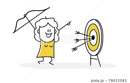 Successful stick woman shooting arrow at target with bow. 78635083