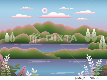 Hills landscape in flat style design. Beautiful field, meadow, mountains and sky. Rural location with valley, lake, river, hills, forest, trees. Green blue gradient colors. Cartoon background vector 78636598