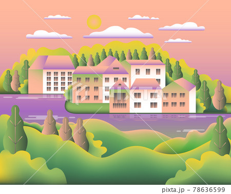 Landscape village, hills, trees, river, lake, forest. Rural valley Farm countryside with house, farm, building in flat style design. Green pink gradient colors. Cartoon background vector illustration 78636599