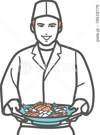 刺身の盛り合わせ皿を持つ板前のイラスト素材