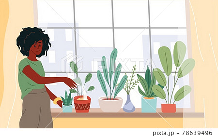 Window with plants. Cartoon woman watering houseplants. Female grows flowers on windowsill. Girl takes care of potted ficus. Home garden in city. Interior decorations. Vector gardening 78639496