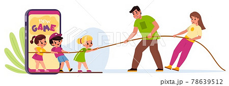 Kids mobile use limit. Parental control of Internet access for boys and girls. Children and parents pull rope in different directions. Smartphone addiction prevention. Vector limitation Kids mobile use limit. Parental control of Internet access for boys and girls. Children and parents pull rope in different directions. Smartphone addiction prevention. Vector limitation 78639512