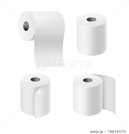 Realistic rolls paper. 3D toilet tissues with unwound pieces. Hygiene toiletry products set. Blank reels of check tapes. Vector view from different sides on wipe napkins for bathroom 78639570