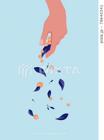 Berry leaf falling from hand. Deprivation or loss concept. Contemporary bright vector floral poster cover or banner with bright hand and leaves 78640341