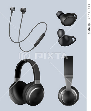 Realistic headphones. Music objects audio headset for listening decent vector illustrations set isolated on white 78640344