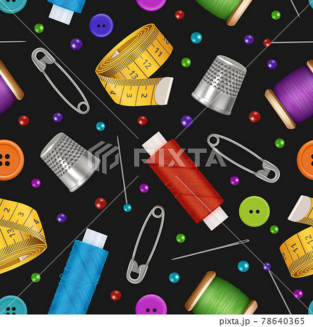 Sewing pattern. Thread reels needles scissors sewing machine measure tape decent vector seamless background with tailor hobby supplies 78640365
