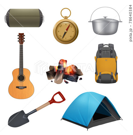 Camping elements. Realistic campfire tent guitar backpack for travellers decent vector set pictures collection adventures symbols Camping elements. Realistic campfire tent guitar backpack for travellers decent vector set pictures collection adventures symbols 78640384