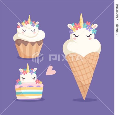 Unicorn Sweets Ice Cream Cupcake And Color のイラスト素材