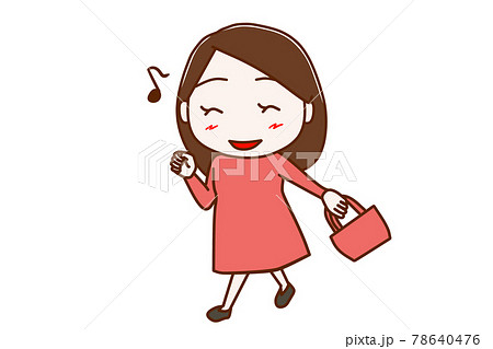 全身 正面 鼻歌を歌いながらバッグを持って笑顔で歩く女性のイラスト素材