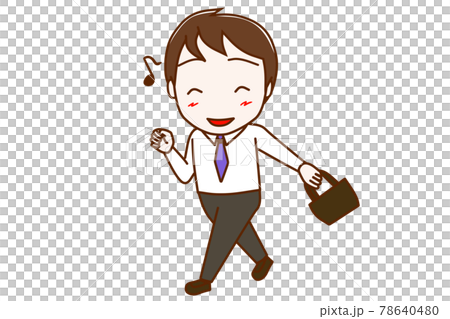 全身 正面 鼻歌を歌いながらバッグを持って笑顔で歩く男性のイラスト素材