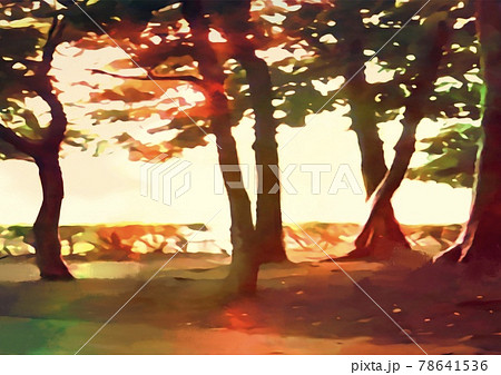 夕暮れの夕日のさす森の背景のイラスト素材
