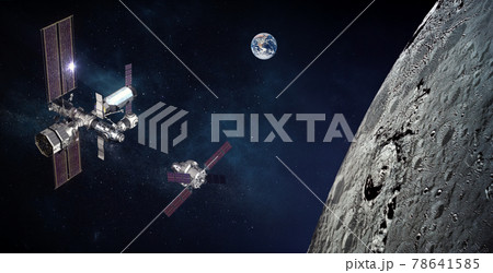 Space module docking above the moon surface.  78641585