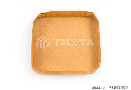 Top view square shape of brown paper or cardboard paper tray, the isolated image on white background. The concept for fresh organic products. Top view square shape of brown paper or cardboard paper tray, the isolated image on white background. The concept for fresh organic products. 78641599