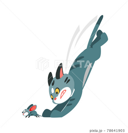 Cartoon Cat On The Hunt Caught A Small Mouse のイラスト素材
