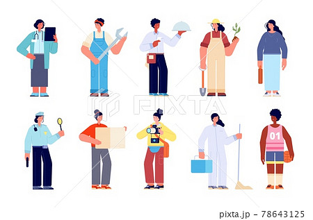 Female professionals characters. Working professions, woman career group. Professional uniform, smart doctor gardening business lady utter vector set 78643125