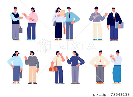 Office people conversation. Meeting characters, business persons talk each other. Formal man woman, cartoon diverse workers utter vector set 78643158