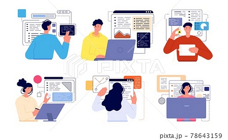 People programming. Professional geek, working screens java technology coder. Cartoon flat computer developer, engineers utter vector characters People programming. Professional geek, working screens java technology coder. Cartoon flat computer developer, engineers utter vector characters 78643159