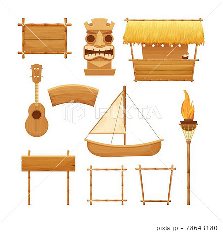 Hawaiian set holiday traditional wooden elements in cartoon style isolated in white background. Beach bar with straw, canoe boat, bamboo frames and decorations, ukulele, beach torch, tiki mask. 78643180