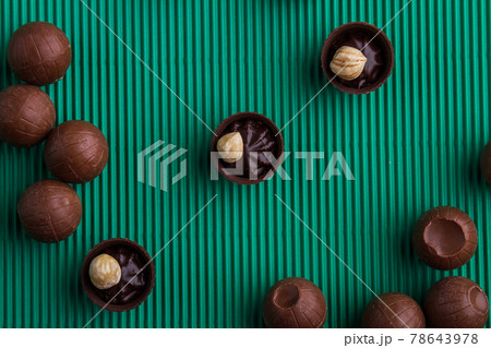 Top view flat lay assortment of sweet chocolate candies. 78643978