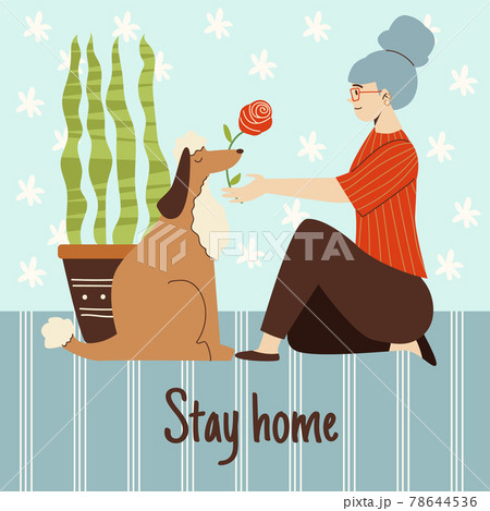 Stay home banner design with woman playing with dog, flat vector illustration. 78644536