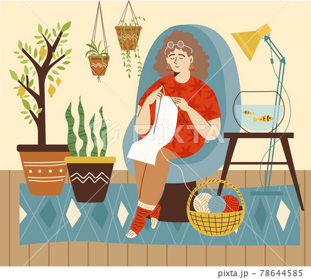 Woman knitting in cute cozy room with houseplants, flat vector illustration. 78644585