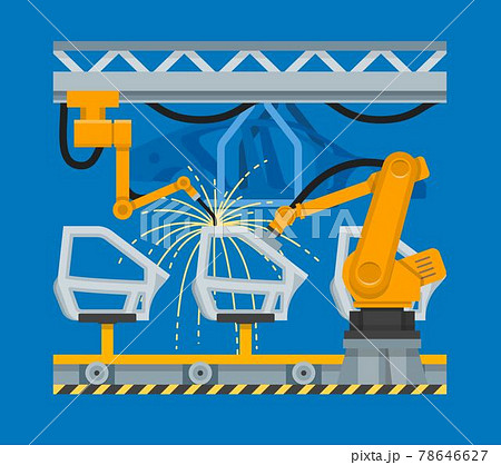 Vector illustration spot welding of car doors with industrial robots Vector illustration spot welding of car doors with industrial robots 78646627