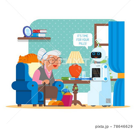 Vector illustration of home robot giving pills to grandmother Vector illustration of home robot giving pills to grandmother 78646629