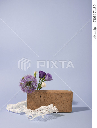 Minimal composition of brick podium and purple flowers on blue background. Minimal composition of brick podium and purple flowers on blue background. 78647189