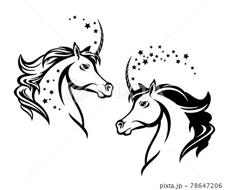 unicorn horse head with flying magic stars black and white vector outline 78647206