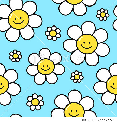 Cute Funny Smile Flowers On Blue Background のイラスト素材