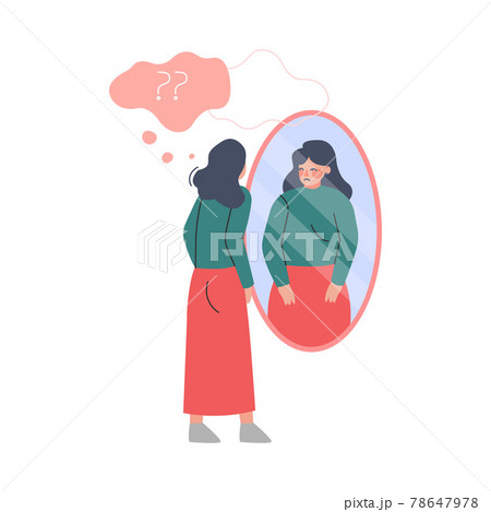 Girl Looking at Mirror and Seeing her Fat, identity Disorder, Mental Problems, Depression, Cartoon Vector Illustration 78647978