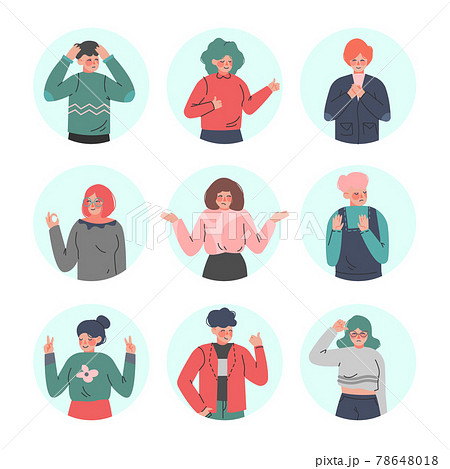Young Man and Woman Making Positive and Negative Hand Gestures in Circular Frames Vector Illustration Set 78648018