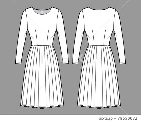 Dress pleated technical fashion illustration with long sleeves, fitted body, knee length skirt. Flat apparel front Dress pleated technical fashion illustration with long sleeves, fitted body, knee length skirt. Flat apparel front 78650072