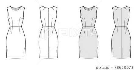 Dress sheath technical fashion illustration with sleeveless, natural waistline, knee length skirt. Flat apparel front Dress sheath technical fashion illustration with sleeveless, natural waistline, knee length skirt. Flat apparel front 78650073