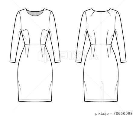 Dress sheath technical fashion illustration with long sleeves, fitted body, natural waistline, pencil skirt Flat apparel 78650098