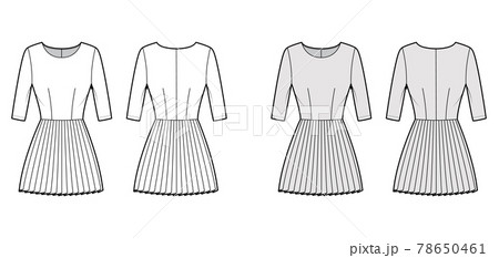 Dress pleated technical fashion illustration with elbow sleeves, fitted body, mini length skirt. Flat apparel front Dress pleated technical fashion illustration with elbow sleeves, fitted body, mini length skirt. Flat apparel front 78650461