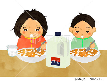 姉弟で朝食シリアルを食べる朝の風景 アジア人verのイラスト素材