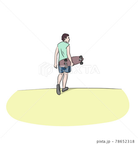 full length of man holding skateboard view from the back hand drawn with black lines illustration vector isolated on white background. 78652318